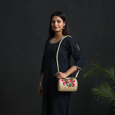 Pink Handcrafted Natural Water Reed Embroidered Sling Bag 