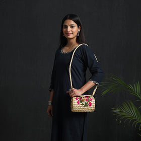 Pink Handcrafted Natural Water Reed Embroidered Sling Bag 