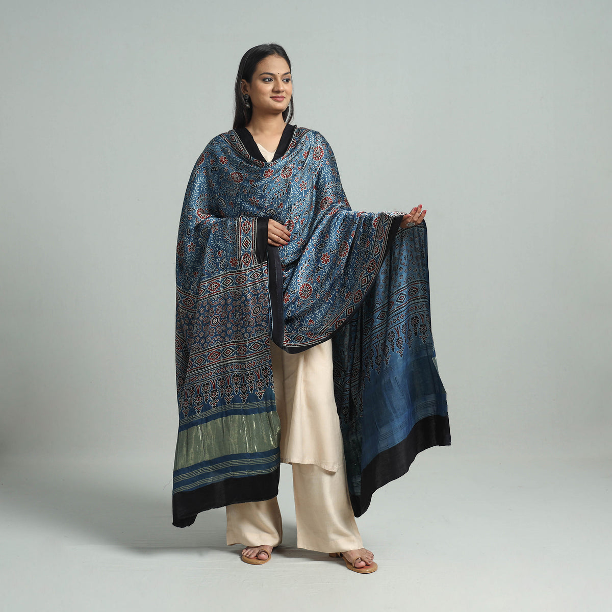 Blue - Ajrakh Modal Silk Dupatta with Zari Border 04