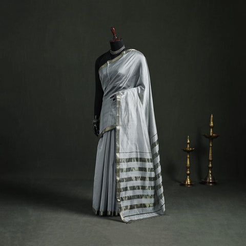Grey - Handloom Zari Border Maheshwari Silk Saree 05