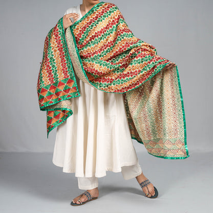 Multicolor - Traditional Phulkari Embroidered Jaal Silk Chinon Dupatta
