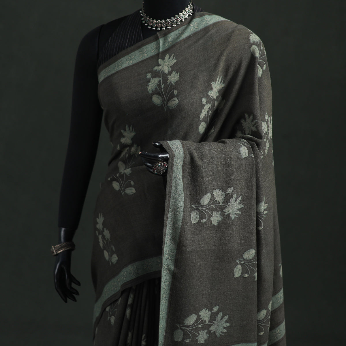 Pure Merino Wool Hand Block Akola Prints Saree 05