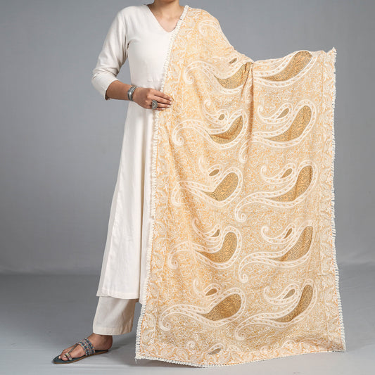 Beige - Traditional Phulkari Heavy Embroidered Jaal Silk Chinon Dupatta with Zari
