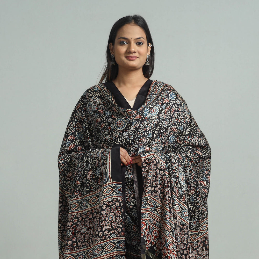 Black - Ajrakh Modal Silk Dupatta with Zari Border 05