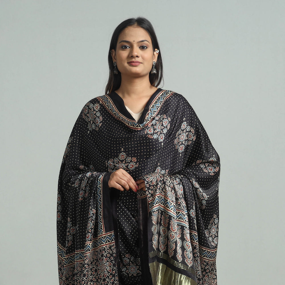 Black - Ajrakh Modal Silk Dupatta with Zari Border 06