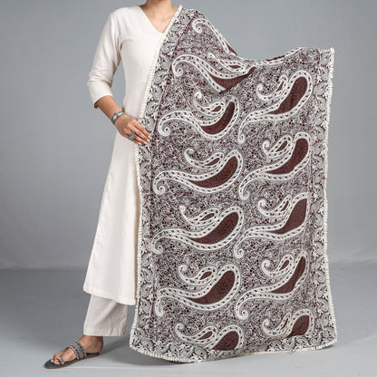 Brown - Traditional Phulkari Heavy Embroidered Jaal Silk Chinon Dupatta with Zari