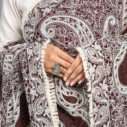 Brown - Traditional Phulkari Heavy Embroidered Jaal Silk Chinon Dupatta with Zari