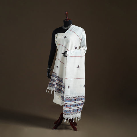 White - Kantha Hand Embroidered Khes Handwoven Cotton Dupatta 25