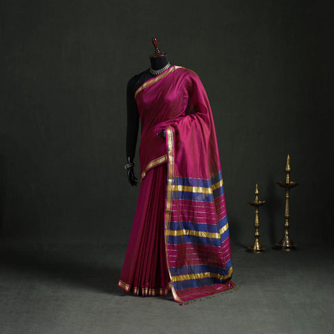 Pink - Handloom Zari Border Maheshwari Silk Saree 08