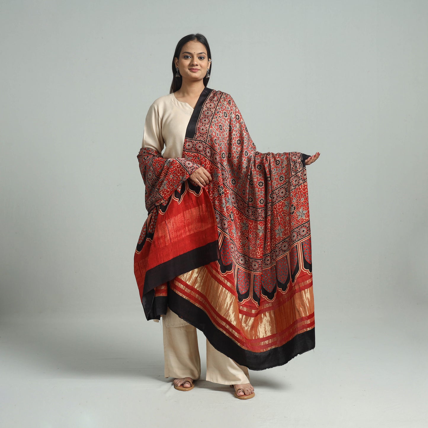 Red - Ajrakh Modal Silk Dupatta with Zari Border 10