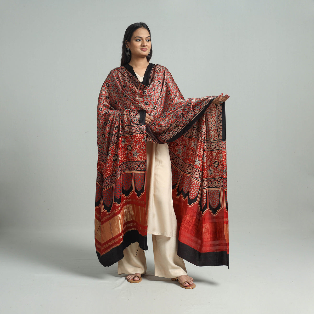 Red - Ajrakh Modal Silk Dupatta with Zari Border 10