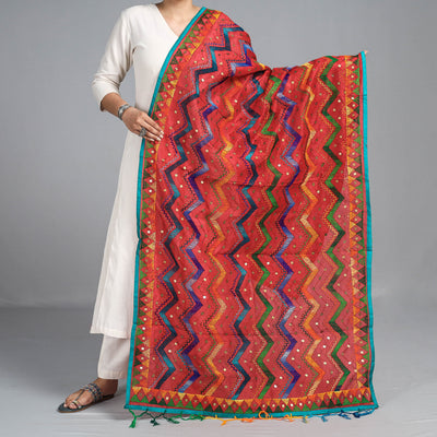 Red - Ranihati Chanderi Silk Tagai Work Phulkari Embroidery Dupatta with Tassels