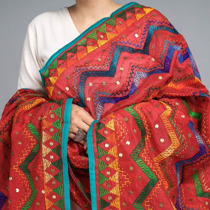 Red - Ranihati Chanderi Silk Tagai Work Phulkari Embroidery Dupatta with Tassels