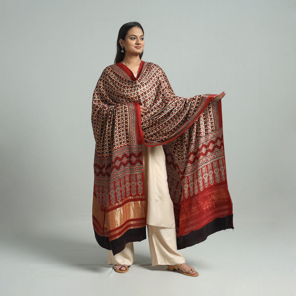 Red - Ajrakh Modal Silk Dupatta with Zari Border 12