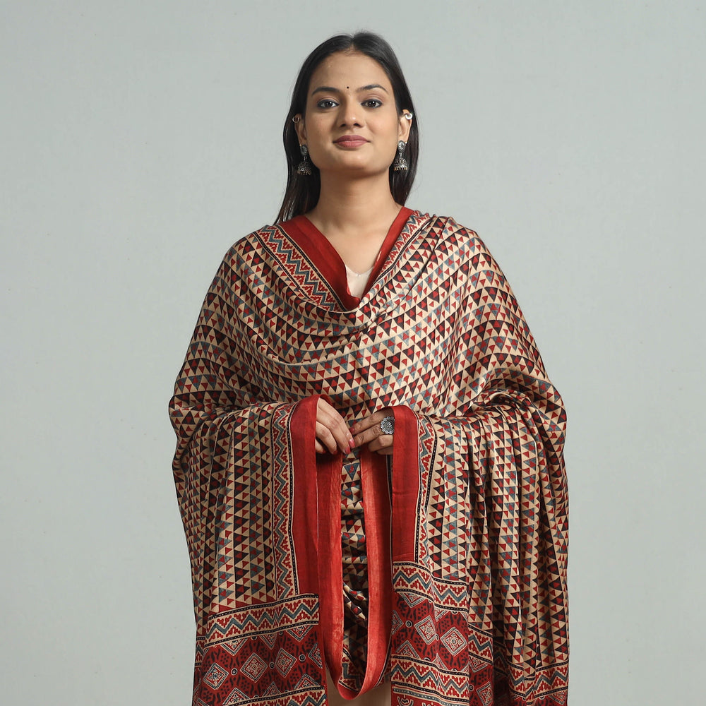 Red - Ajrakh Modal Silk Dupatta with Zari Border 12