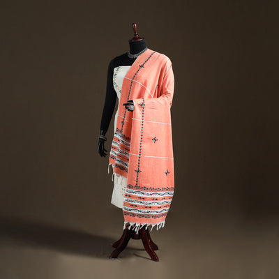 Peach - Kantha Hand Embroidered Khes Handwoven Cotton Dupatta 28