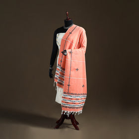 Peach - Kantha Hand Embroidered Khes Handwoven Cotton Dupatta 28
