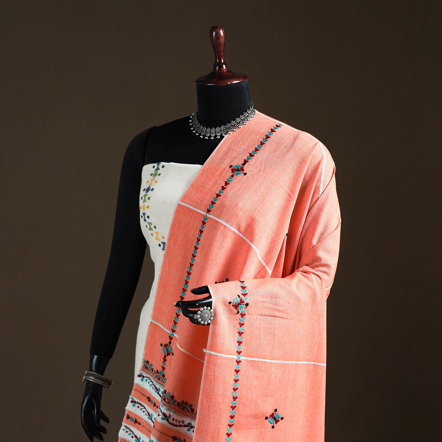 Peach - Kantha Hand Embroidered Khes Handwoven Cotton Dupatta 28