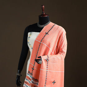 Peach - Kantha Hand Embroidered Khes Handwoven Cotton Dupatta 28