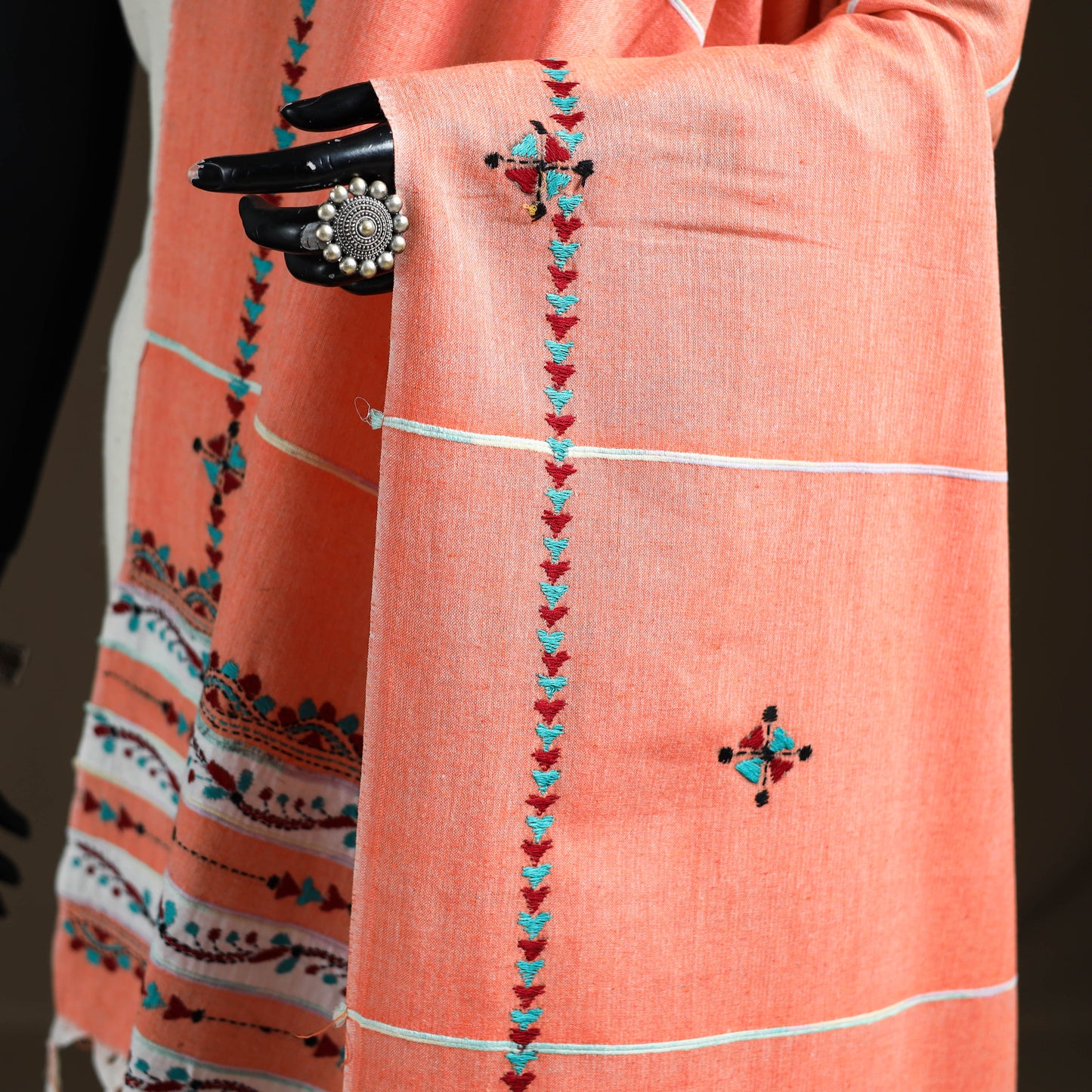 Peach - Kantha Hand Embroidered Khes Handwoven Cotton Dupatta 28