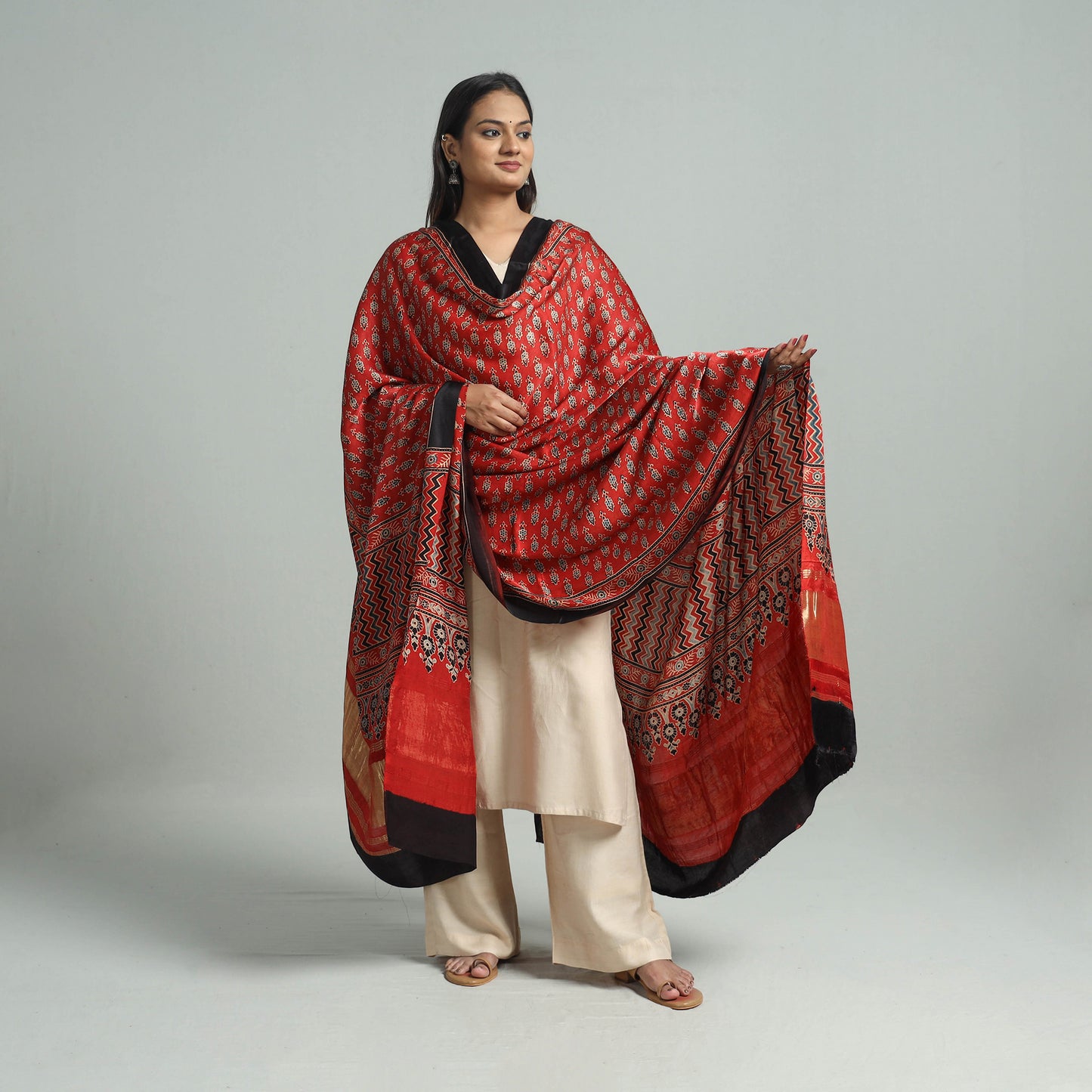 Red - Ajrakh Modal Silk Dupatta with Zari Border 13