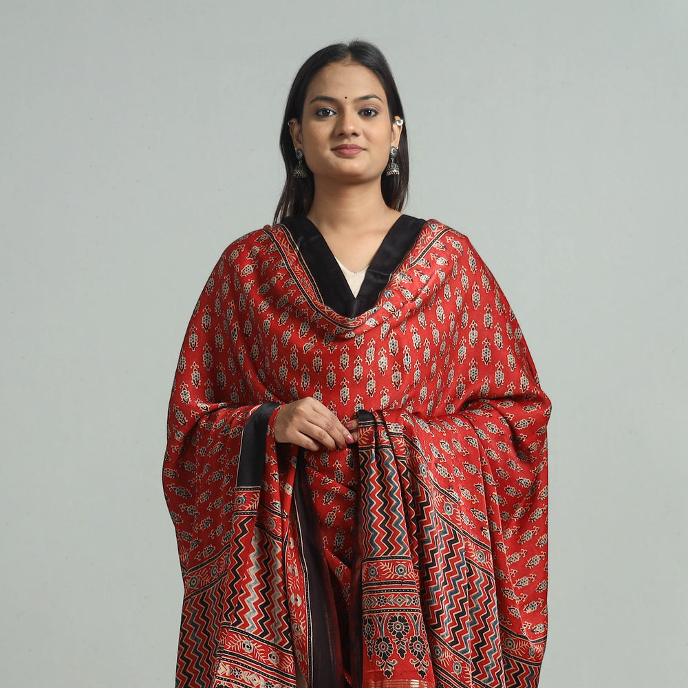 Red - Ajrakh Modal Silk Dupatta with Zari Border 13