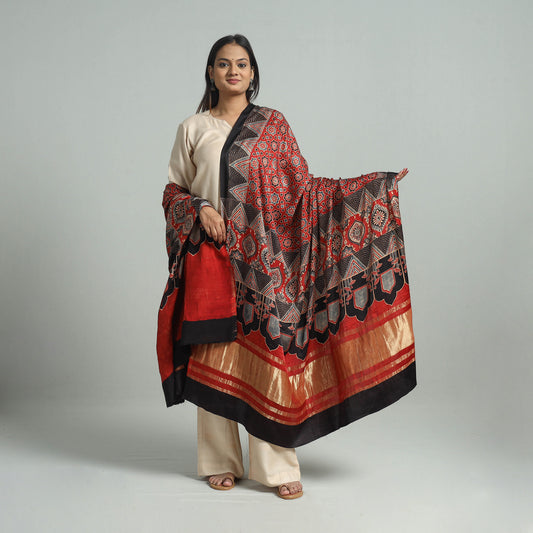 Red - Ajrakh Modal Silk Dupatta with Zari Border 14