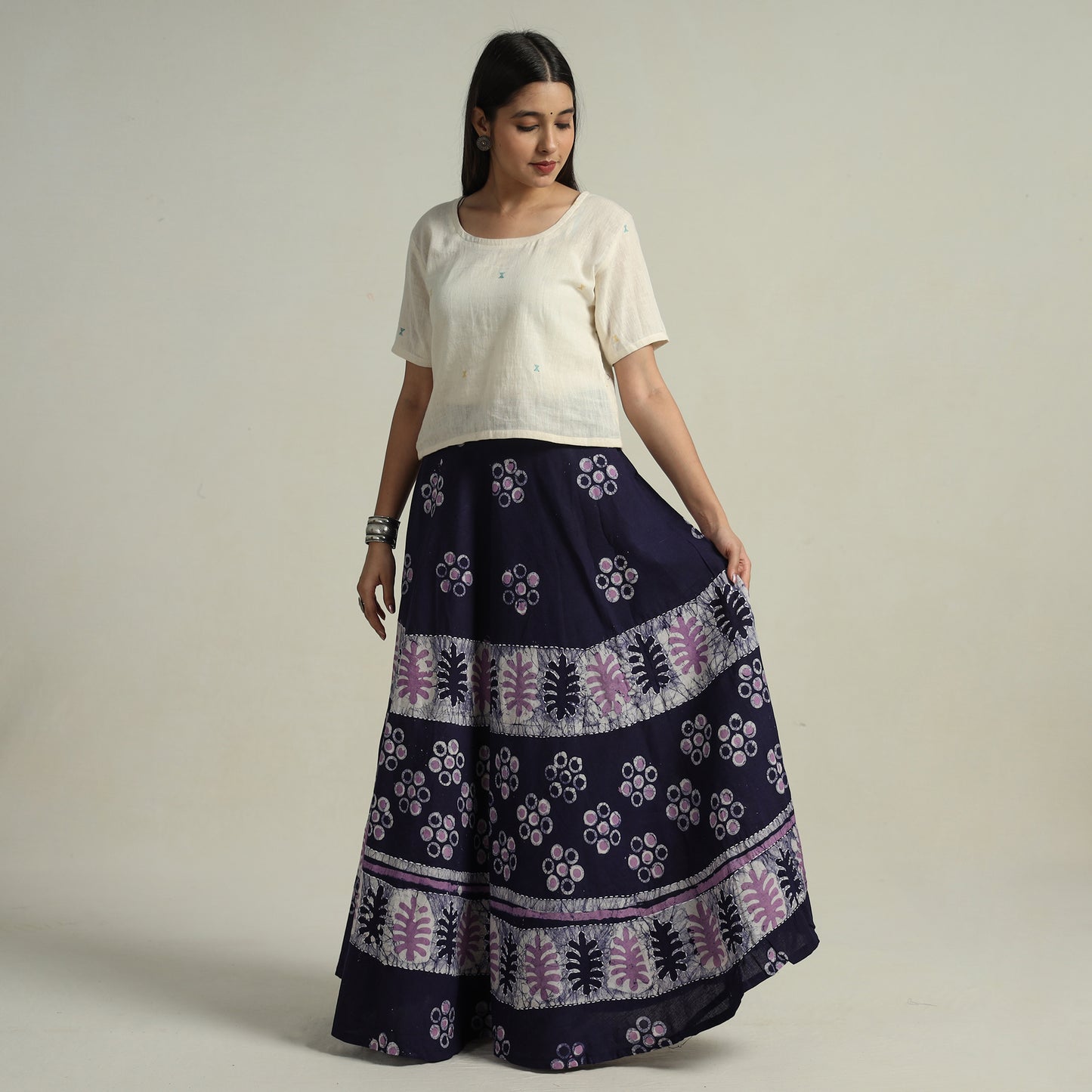 Purple - Hand Batik Printed Running Stitch Cotton Long Skirt 38