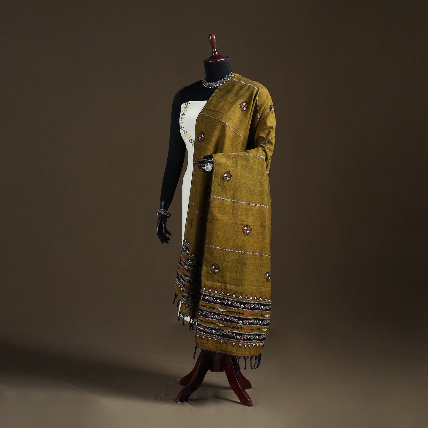 Brown - Kantha Hand Embroidered Khes Handwoven Cotton Dupatta 29