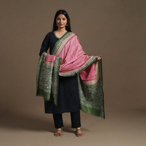 Pink - Handloom Tussar Silk Bengal Kantha Work Dupatta 10