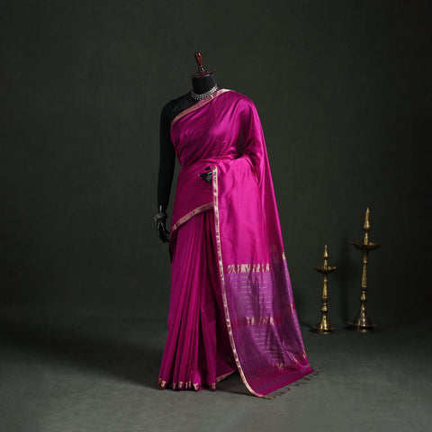 Pink - Handloom Zari Border Maheshwari Silk Saree 11