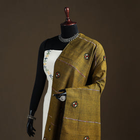 Brown - Kantha Hand Embroidered Khes Handwoven Cotton Dupatta 29