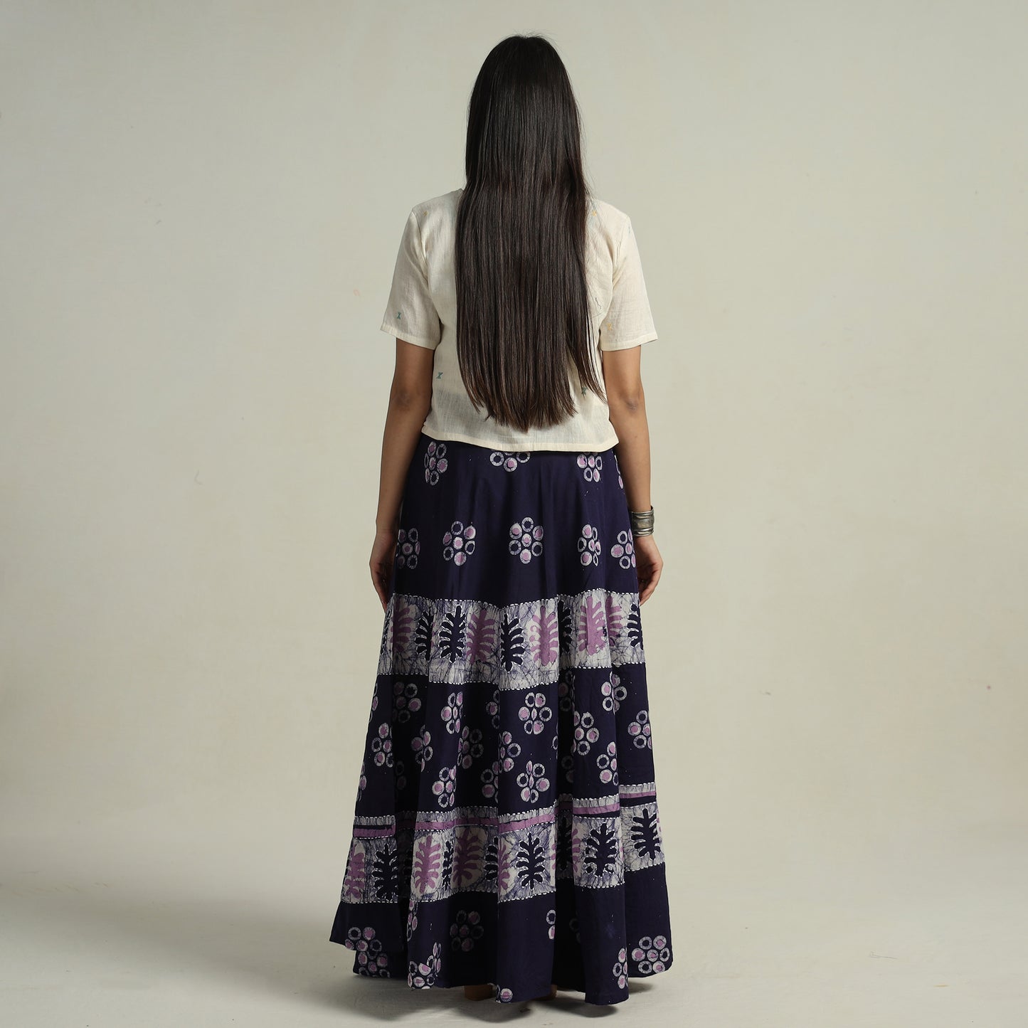 Purple - Hand Batik Printed Running Stitch Cotton Long Skirt 38