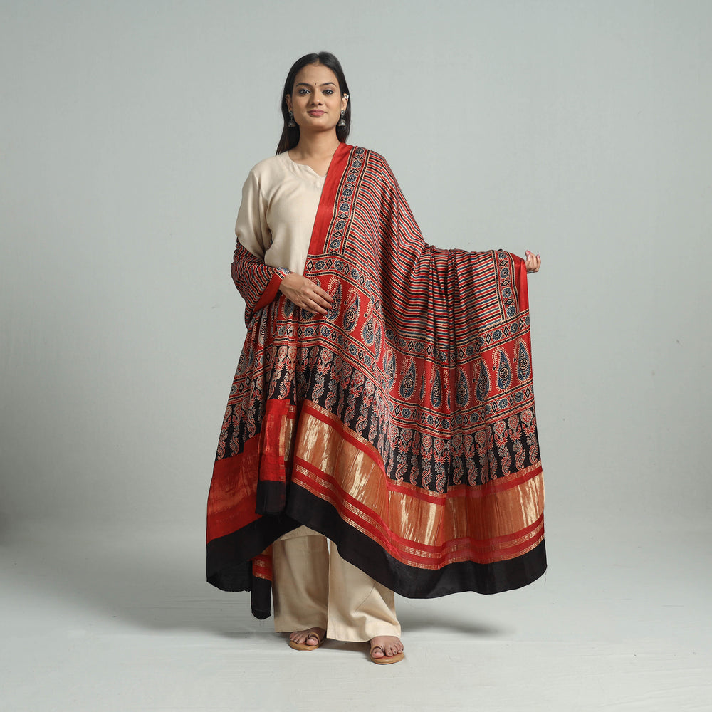 Red - Ajrakh Modal Silk Dupatta with Zari Border 15