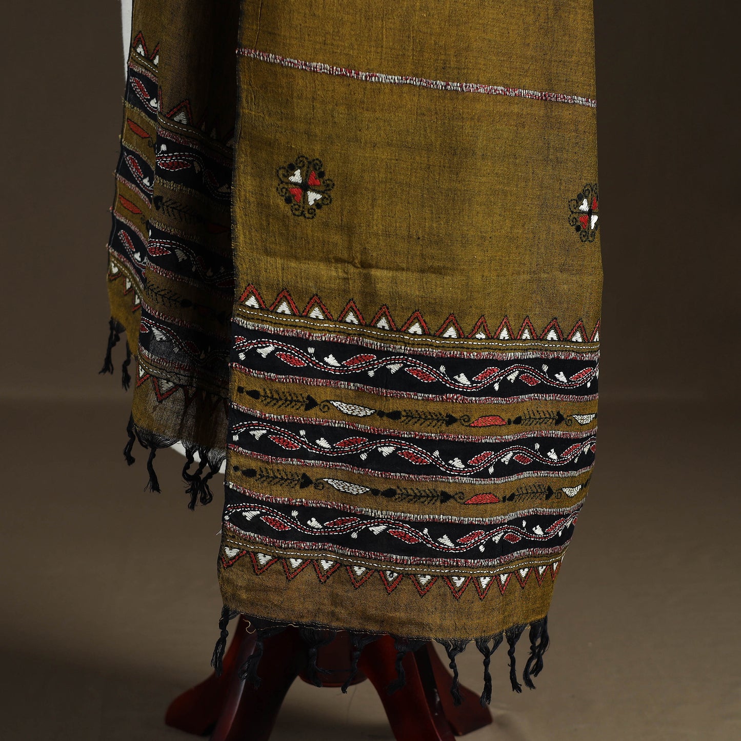 Brown - Kantha Hand Embroidered Khes Handwoven Cotton Dupatta 29