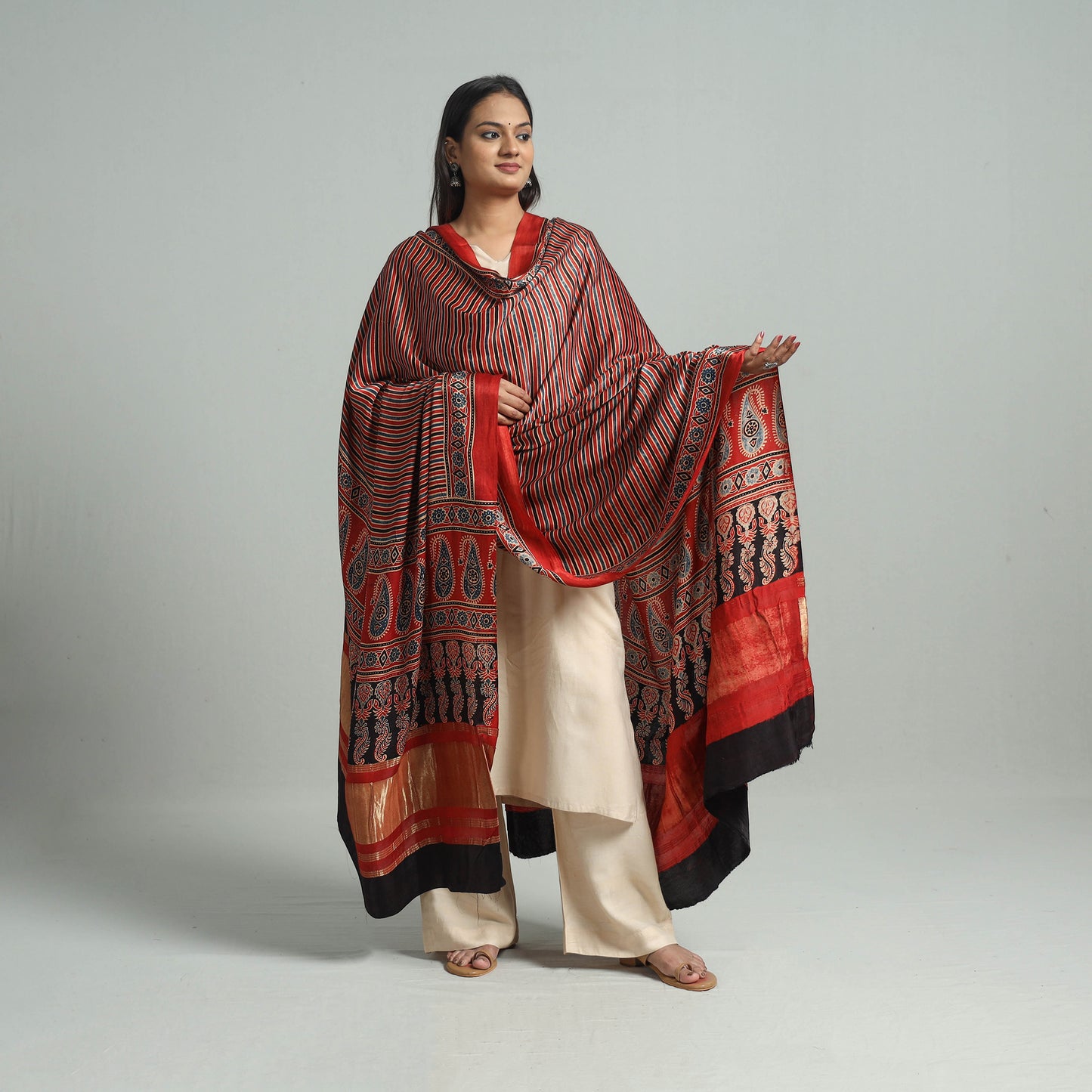 Red - Ajrakh Modal Silk Dupatta with Zari Border 15