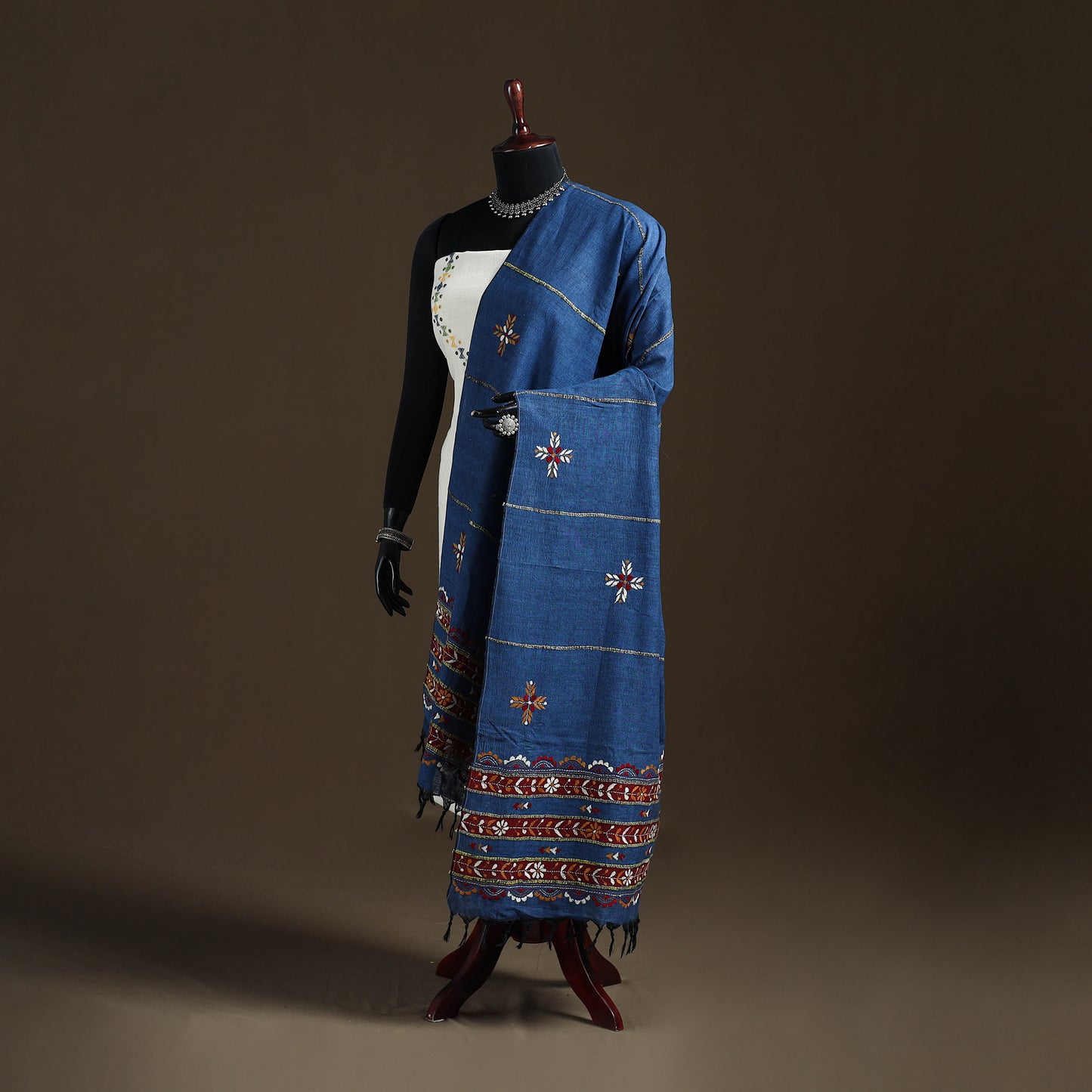 Blue - Kantha Hand Embroidered Khes Handwoven Cotton Dupatta 30