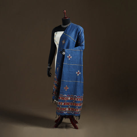 Blue - Kantha Hand Embroidered Khes Handwoven Cotton Dupatta 30
