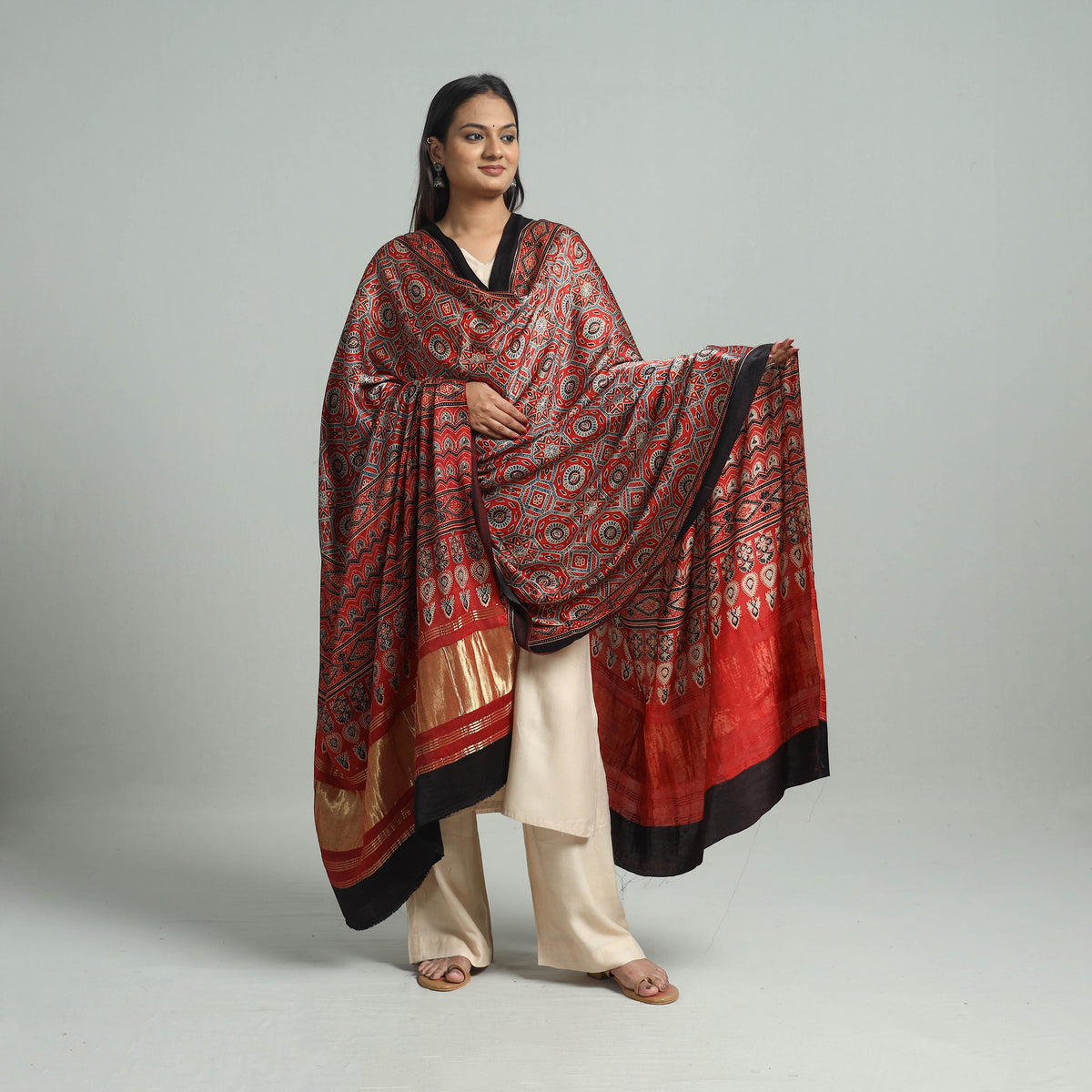 Red - Ajrakh Modal Silk Dupatta with Zari Border 16