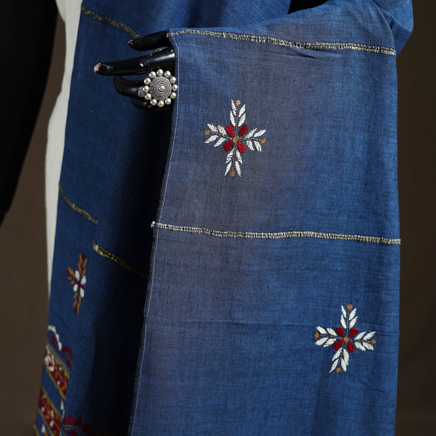 Blue - Kantha Hand Embroidered Khes Handwoven Cotton Dupatta 30