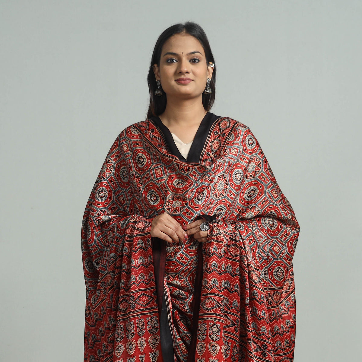 Red - Ajrakh Modal Silk Dupatta with Zari Border 16