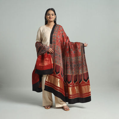 Red - Ajrakh Modal Silk Dupatta with Zari Border 17