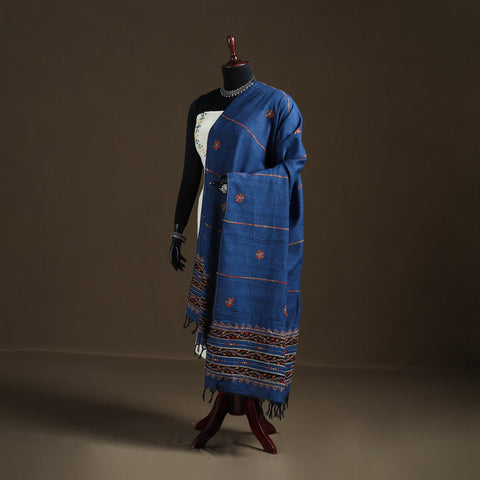Blue - Kantha Hand Embroidered Khes Handwoven Cotton Dupatta 31