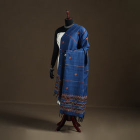 Blue - Kantha Hand Embroidered Khes Handwoven Cotton Dupatta 31