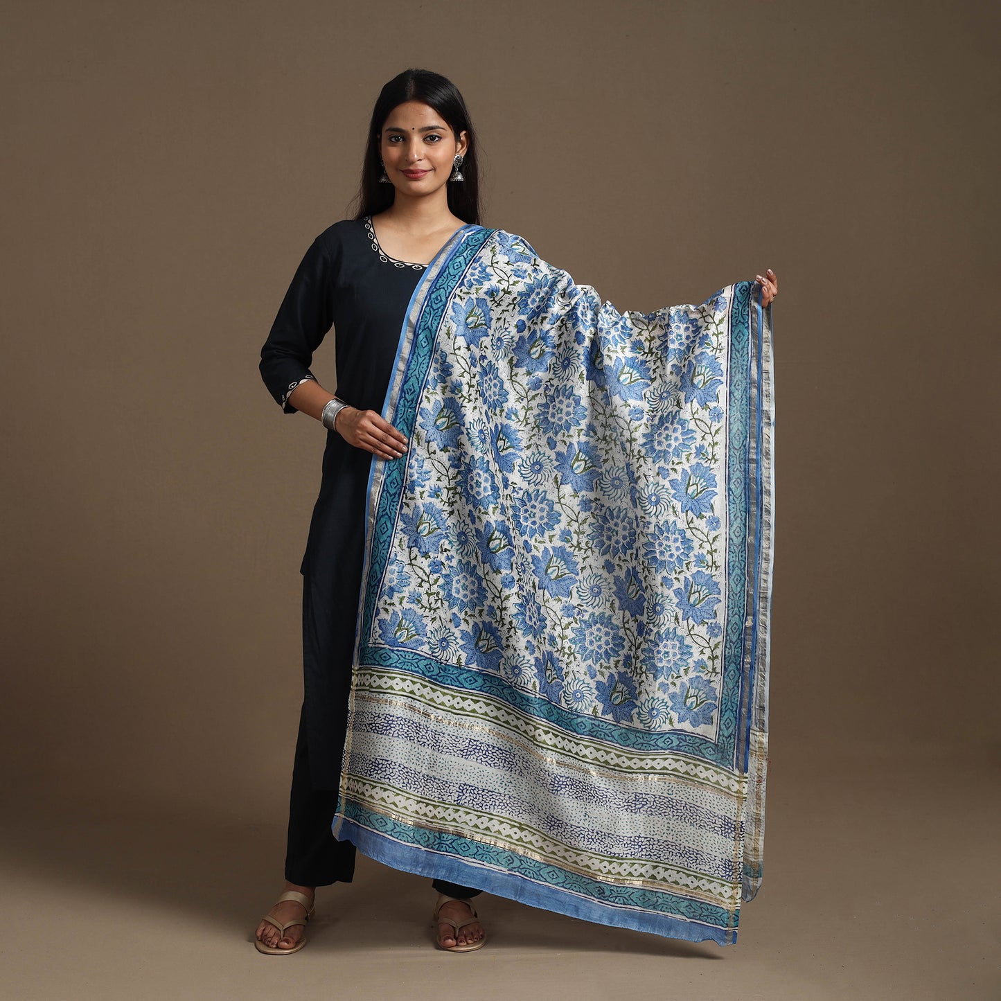 Blue - Block Printed Chanderi Silk Sanganeri Dupatta 13