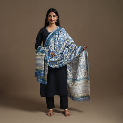 Blue - Block Printed Chanderi Silk Sanganeri Dupatta 13