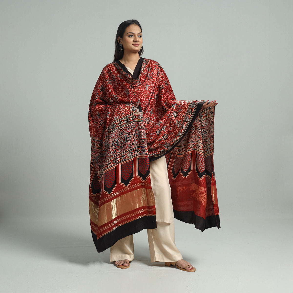 Red - Ajrakh Modal Silk Dupatta with Zari Border 17