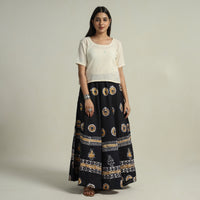 Black - Hand Batik Printed Running Stitch Cotton Long Skirt 40