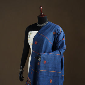 Blue - Kantha Hand Embroidered Khes Handwoven Cotton Dupatta 31