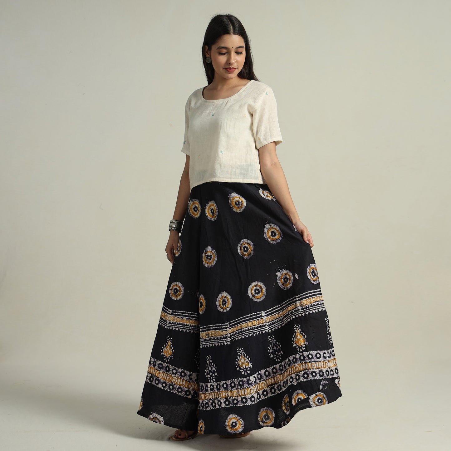 Black - Hand Batik Printed Running Stitch Cotton Long Skirt 40